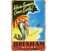 SBKGBIEHG Metal Sign British Railways Brixham Devon Railway Travel Tin Sign Vintage Decor Art Sign Home Kitchen Bar Cafe Club Cave Wall Decor Retro Tin Sign 20x30cm