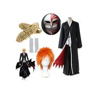 (SBleach, 3) Anime Bleach Cosplay Costumes Ichigo Kurosaki Hollow Mask Men Ichigo Wig Black Cloak With Straw Sandals Socks Tops And Pants Set