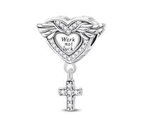 SBUTUXC 925 Sterling Silver Angel Wing Heart Charm with cros-sDangle, 'Work Not Luck' Engraved, CZ Accents, for Bracelets, Necklaces