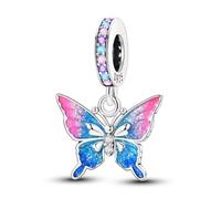 SBUTUXC 925 Sterling Silver Butterfly Dangle Charm with Glitter Enamel Wings & Rainbow Zircon, Sparkling Insect Pendant for Bracelet/Necklace/Clothing