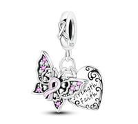 SBUTUXC 925 Sterling Silver Butterfly Heart Charm, Pink Ribbon Awareness Dangle Pendant with Crystals, Strength Faith, 0.98x0.74 Inch
