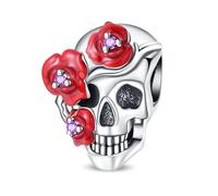 SBUTUXC 925 Sterling Silver Floral Skull Charm with Red Roses & Purple Zircons