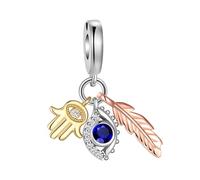 SBUTUXC 925 Sterling Silver Hamsa Hand Evil Eye Feather Charm, Blue Cubic Zirconia, Two-Tone Gold and Silver, Dangle Bead for Bracelets