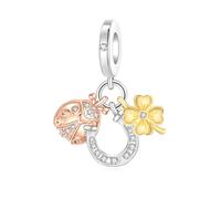 SBUTUXC 925 Sterling Silver Lucky Charm Dangle with Ladybug, Horseshoe and Four-Leaf Clover, Cubic Zirconia, for Bracelets, Necklaces and Anklets