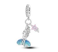 SBUTUXC 925 Sterling Silver Mermaid & Flower Dangle Charm with Blue Enamel & Pink Zircon, Ocean-Inspired Pendant for Bracelet/Necklace/Clothing