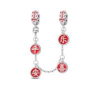 SBUTUXC 925 Sterling Silver Safety Chain Charm with Red Enamel Chinese Characters - Ping/An/Xi/Le Lucky Pendant for Bracelet/Necklace/Clothing Accessories