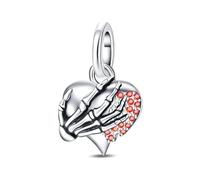 SBUTUXC 925 Sterling Silver Skeleton Hand & Heart Charm with Red Zircons