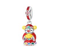 SBUTUXC 925 Sterling Silver Wealth Deity Charm with Red Enamel & Multi-Color Zirconia - Lucky Pendant for Bracelet/Necklace/Clothing Accessories