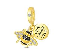 SBUTUXC Bee Dangle Charm, S925 Sterling Silver, Gold Tone with Black Enamel and Cubic Zirconia, Live Laugh Love Disc, for Bracelet or Necklace
