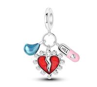 SBUTUXC Broken Heart Charm, Sterling Silver Chill Pill Pendant, Red Enamel Crystal Heart with Blue Teardrop, 1.11x0.71 Inch