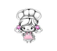 SBUTUXC Chef gl Bead Charm, S925 Sterling Silver, Pink Enamel with Cubic Zirconia, for Bracelets, Necklaces and Anklets