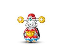 SBUTUXC Chinese New Year Fortune God Charm Bead, Sterling Silver, Red and Gold Enamel, 0.5x0.48 Inch, for Bracelet