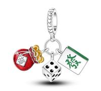 SBUTUXC Chinese New Year Mahjong Dice Charm, Sterling Silver with Red Gold Enamel, Fortune God Design, 0.98x0.88 Inch