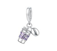 SBUTUXC Coffee Cup Dangle Charm, S925 Sterling Silver, Purple Enamel with Coffee Bean Accent, for Bracelets, Necklaces and Anklets