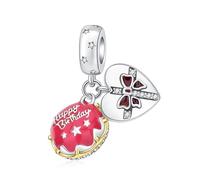 SBUTUXC Happy Birthday Cake and Heart Dangle Charm, 925 Sterling Silver, Pink Enamel with Cubic Zirconia, for Bracelets and Necklaces