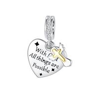 SBUTUXC Heart Dangle Charm, 925 Sterling Silver, Cubic Zirconia, 'With God All Things Are Possible', for Bracelets, Necklaces