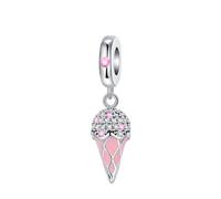 SBUTUXC Ice Cream Cone Charm, 925 Sterling Silver with Pink Enamel and Cubic Zirconia, Bead for Bracelets, Necklaces, and Anklets