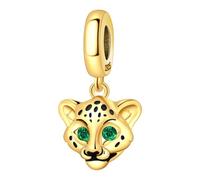 SBUTUXC Leopard Head Dangle Charm, 925 Sterling Silver, Green CZ Eyes, Black Enamel, Compatible with Snake Chain Bracelets and Necklaces
