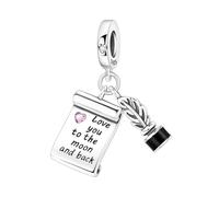 SBUTUXC Love You to the Moon and Back Dangle Charm, 925 Sterling Silver, Pink CZ Heart, Scroll & Feather Quill Design, for Bracelets, Necklaces & Anklets
