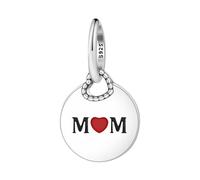 SBUTUXC Mom Heart Charm, 925 Sterling Silver, Round Disc Dangle Pendant with Red Enamel, for Bracelet, Necklace or Anklet