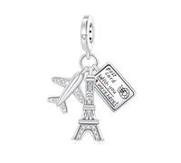 SBUTUXC Paris Travel Charm, 925 Sterling Silver, Eiffel Tower, Airplane and Postcard Pendants with Cubic Zirconia, for Bracelet or Necklace