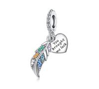 SBUTUXC S925 Sterling Silver Feather and Heart Dangle Charm with Multicolor Cubic Zirconia, 'You Brought Me Luck' Engraved Bead Charm