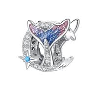 SBUTUXC S925 Sterling Silver Whale Tail Charm Bead with Blue Cubic Zirconia, Celestial Moon and Star Design, for Bracelets and Necklaces