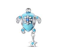 SBUTUXC Sea Turtle Bead Charm, S925 Sterling Silver, Blue Enamel with Multi-Color Zirconia and Starfish Dangle, for Bracelet or Necklace