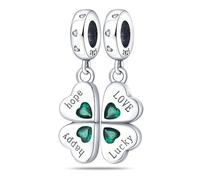SBUTUXC Sterling Silver Four Leaf Charm, Green Crystal Hearts, Hope Love Lucky Dangle Bead, S925 Bracelet Pendant, 1.04x0.26 Inch