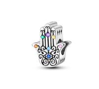 SBUTUXC Sterling Silver Hamsa Evil Eye Charm, Blue Enamel with Colorful Crystals, Filigree Design, Protection Pendant for Necklaces Bracelets, 1.19x0.73 Inch