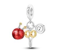 SBUTUXC Sterling Silver Knitting Charm Pendant, Red Yarn Ball with Gold Scissors, Crystal Accent, 0.96x0.8 Inch, for Bracelet Necklace