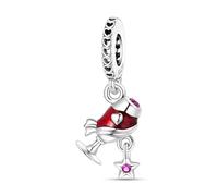 SBUTUXC Sterling Silver Red Wine Glass Charm with Star Pendant, S925 Silver Heart Dangle Bead for Bracelets, Pink Zircon, 0.33x0.75 Inch