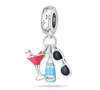 SBUTUXC Summer Cocktail Charm Pendant, 925 Sterling Silver, Pink Martini Beer Sunglasses Design, Multi-Color Zircon, 1.04x0.95 Inch