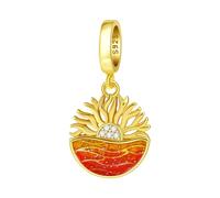 SBUTUXC Sunrise Dangle Charm, S925 Sterling Silver, Gold Plated, Red Enamel with Cubic Zirconia, for Bracelets and Necklaces