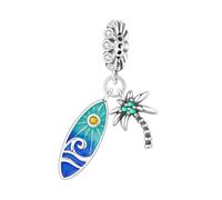 SBUTUXC Surfboard and Palm Tree Dangle Charm, 925 Sterling Silver, Blue Enamel, Cubic Zirconia Accents, Compatible with Snake Chain Bracelets