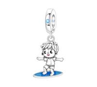SBUTUXC Surfing Dangle Charm, 925 Sterling Silver, Blue Enamel, Cubic Zirconia Accents, Compatible with Snake Chain Bracelets
