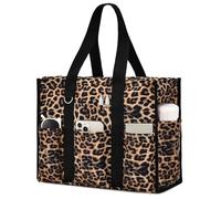 Sbuxhrkid Large Tote Bag for Women Waterproof with 12 Pockets Top Zipper Closure Utility Teacher Nurse Bags for Work School (Leopard,Medium)