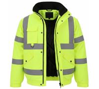 SBZ Hi Vis Waterproof Bomber Jacket Safety Workwear High Viz Visibility Security Concealed Hood Fluorescent Flashing Hooded Padded Waterproof Coat (UK, Alpha, XXL, Regular, Regular, Yellow)