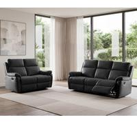 SC FURNITURE LIMITED Black Genuine Leather Reclining 3 Seater + 2 Seater Recliner Sofas - Aberino