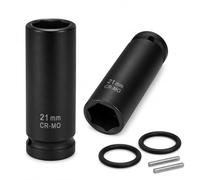 Scaffolding Impact Socket 21mm 2Pk 1/2" Dr Deep | Built-In Retain Pin & O-Ring Prevents Bolt Drop, High Torque Industrial Tool for Construction Auto Farm Machinery Repair