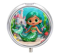 Scales Green Mermaid Pill Box, 3 Compartment Small Pill Case, Metal Round Portable Storage Box Stores Vitamins, Medicines, Fish Oil and Supplements