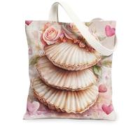 Scallop Shells Canvas Tote Bag for Shopping 13 * 15, Valentine's Day Cute Roses Reusable Grocery Shoulder Bag for Women, Coastal Painting Gift Decor