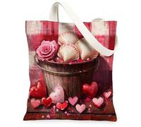 Scallop Shells Canvas Tote Bag for Shopping 13 * 15, Valentine's Day Plaid Roses Heart Reusable Grocery Bag for Women, Coastal Work Travel Painting Gift Decor