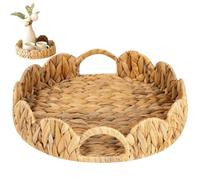 Scalloped Basket, Water Hyacinth Woven Basket Tray, 12 Inch Round Rattan Tray with Handle, Rattan Serving for Dining Table, Vanity, Bedroom, Kitchen Scalloped, Woven