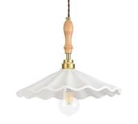Scalloped Ceramic Pendant Light Northern Europe Style Chaner, 11.8" Diameter Hanging Lamp with Wood-Tone Aent and Brass Canopy for Kitchen Island, Dining Table, Bedside