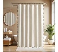 Scalloped Design&Black Border Shower Curtain,Linen Textured Shower Curtain with 12 Metal Hooks,Fabric Neutral Thick Cloth,Machine Washable Waterproof Bathroom Decor