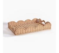 Scalloped Edge Imitation Rattan Tray Basket,17"*13" Super Hard Rectangle Hand Woven Wicker Serving Tray with Handles, Seagrass Decoratve Tray for Coffee Table (Apricot)