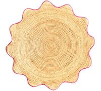 Scalloped Natural Jute Area Rugs 6x6 Handmade Indian Jute Braided Rug Thick 0.27'' Solid Pink & Beige Round Border Rugs for Kids Room Bedroom Rustic Vintage Bohemian Décor Carpet
