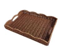 Scalloped Tray Large Rectangle Wicker Tray with Built-in Handles Decorative Serving Basket for Decorative & Organizing 14.8x11x2 Inch
