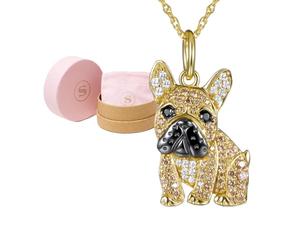 SCAMPER & CO Dog Breed Pendant Necklace for Women and Girls - Genuine Gemstone and Cubic Zirconia, Premium Sterling Silver Jewellery for Dog Moms, Real 18K Yellow Gold or Rhodium Plating, 18 inch
